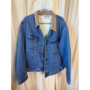 Mens Denim Jacket Corduroy Collar Sherpa Lined L/G Large Blue Jean‎ Heavy